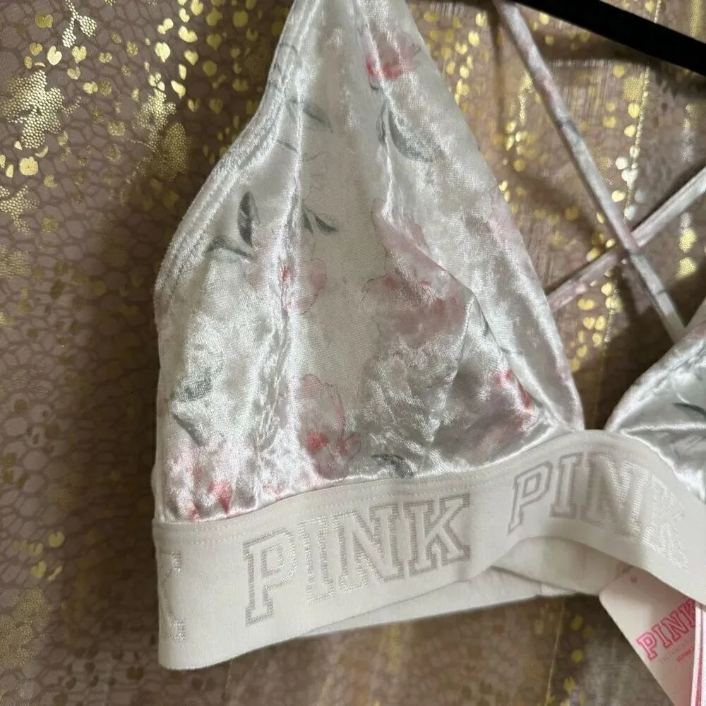 PINK Victorias Secret White Floral Velvet Triangle Strappy Bralette Small‎ NWT